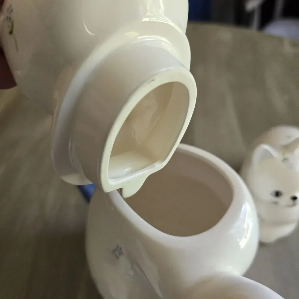Vintage Otagiri Cat Ceramic Teapot Creamer Sugar Bowl Set - White & Blue Floral